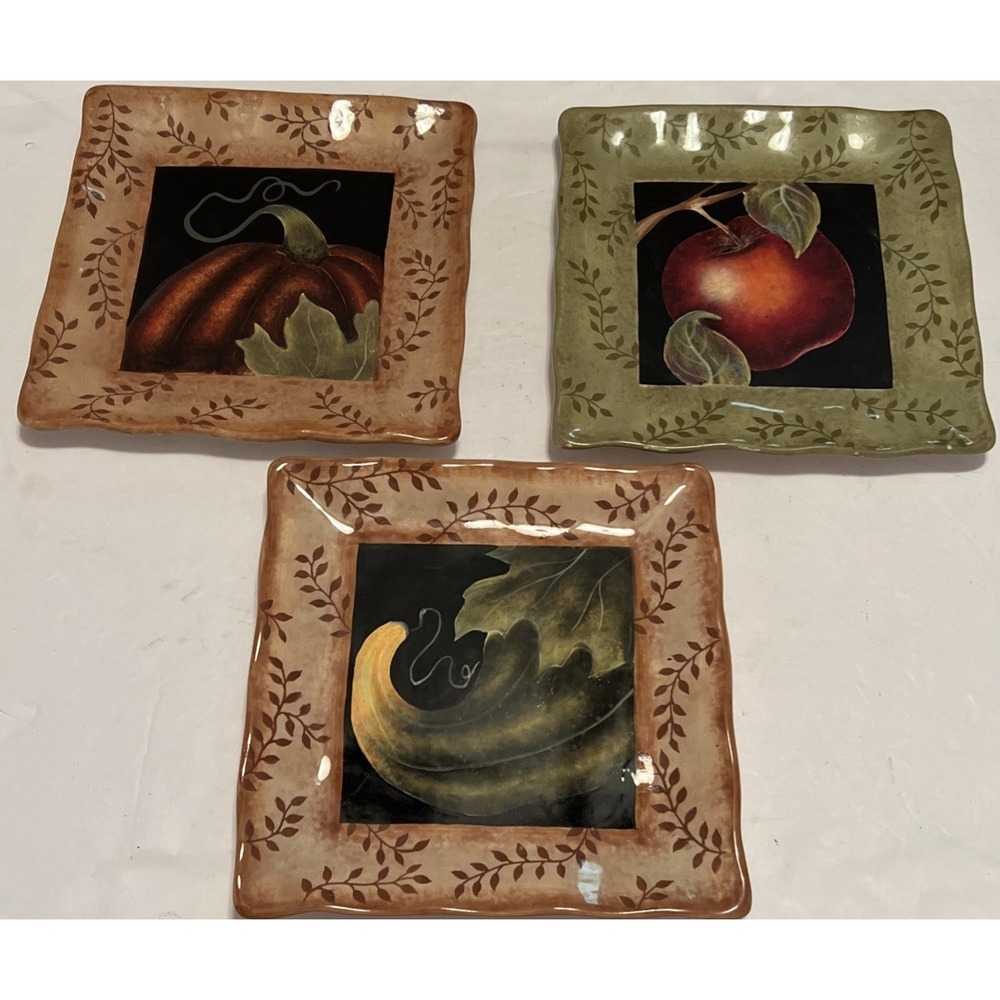 Set Of 3 Certified Intern'l Judy Westgaard Fall Plates Pumping Gourd Apple 8"